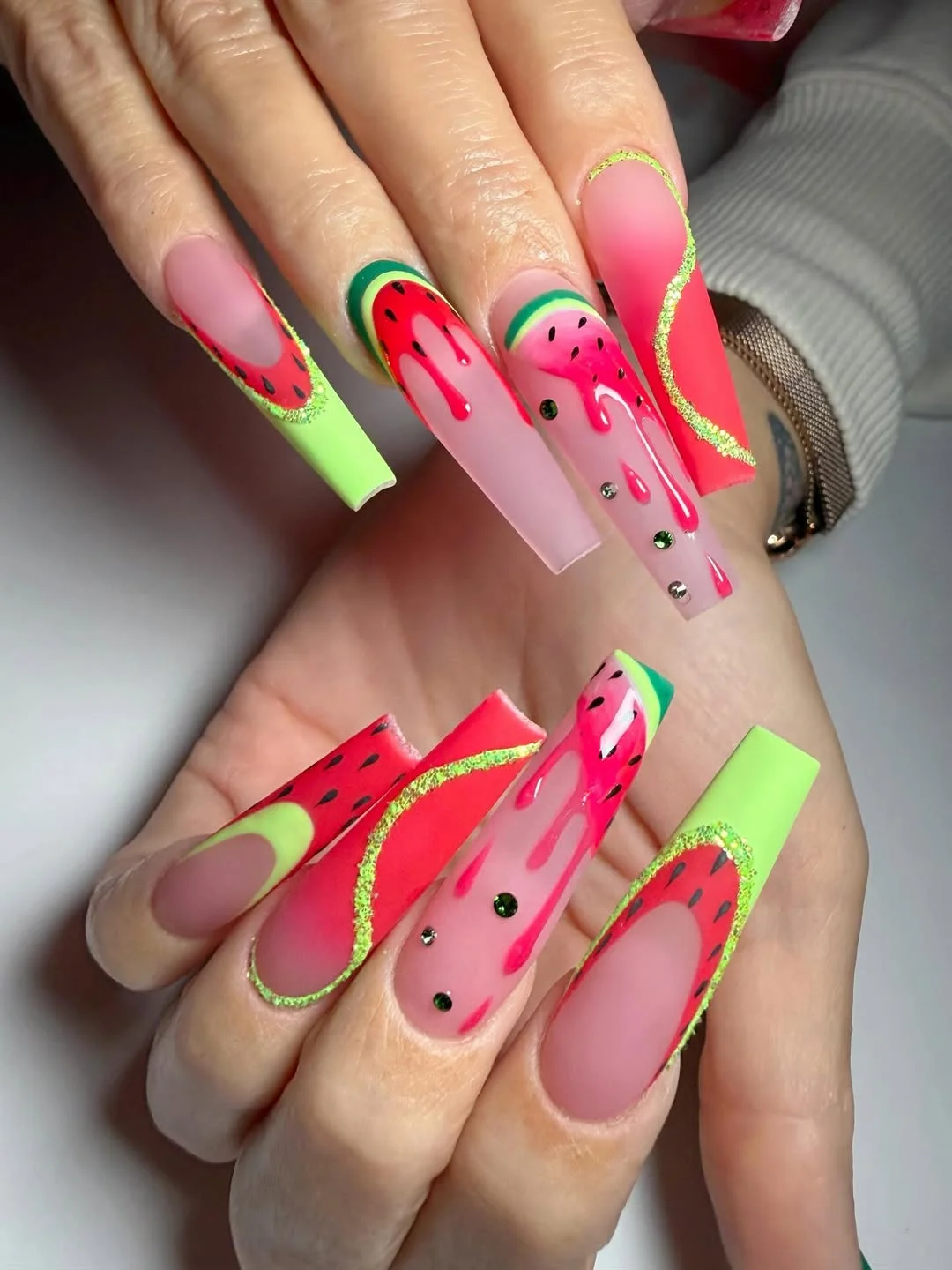 summer nails watermelon 2026 Long Neon Watermelon Nails With Dripping Art