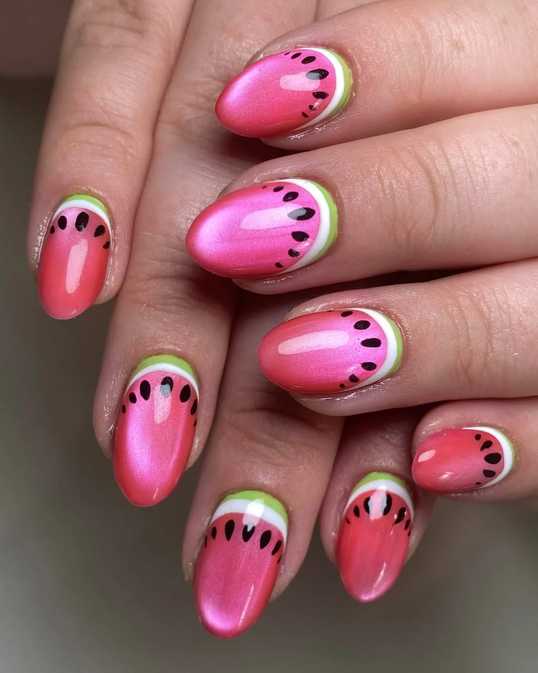summer nails watermelon 2026 Chrome Watermelon Nails With Soft Pink Glow