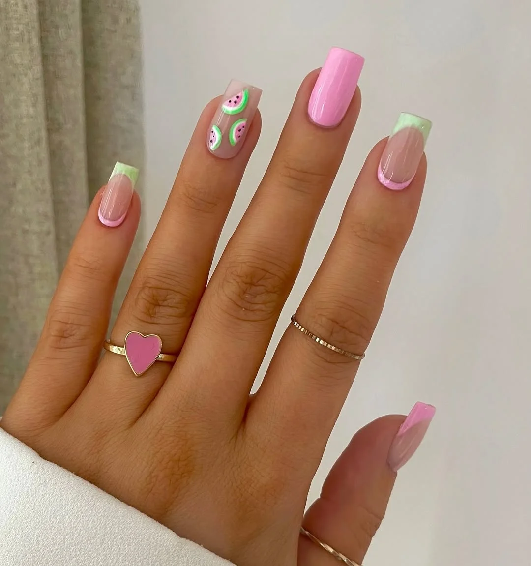 summer nails watermelon 2026 Soft Pink Watermelon French For Everyday Summer