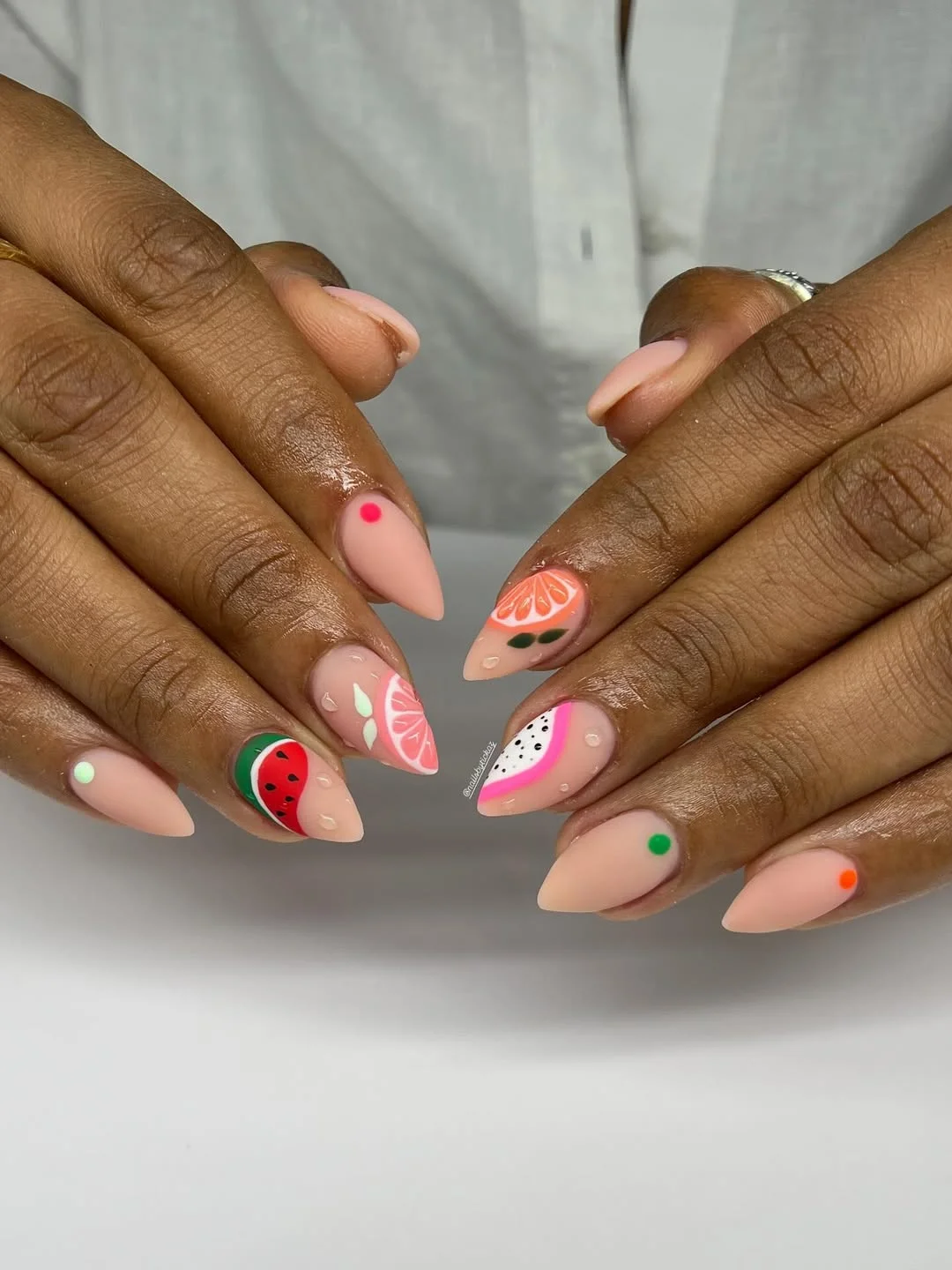 summer nails watermelon 2026 Soft Pink Fruit Salad Nails With Minimal Art