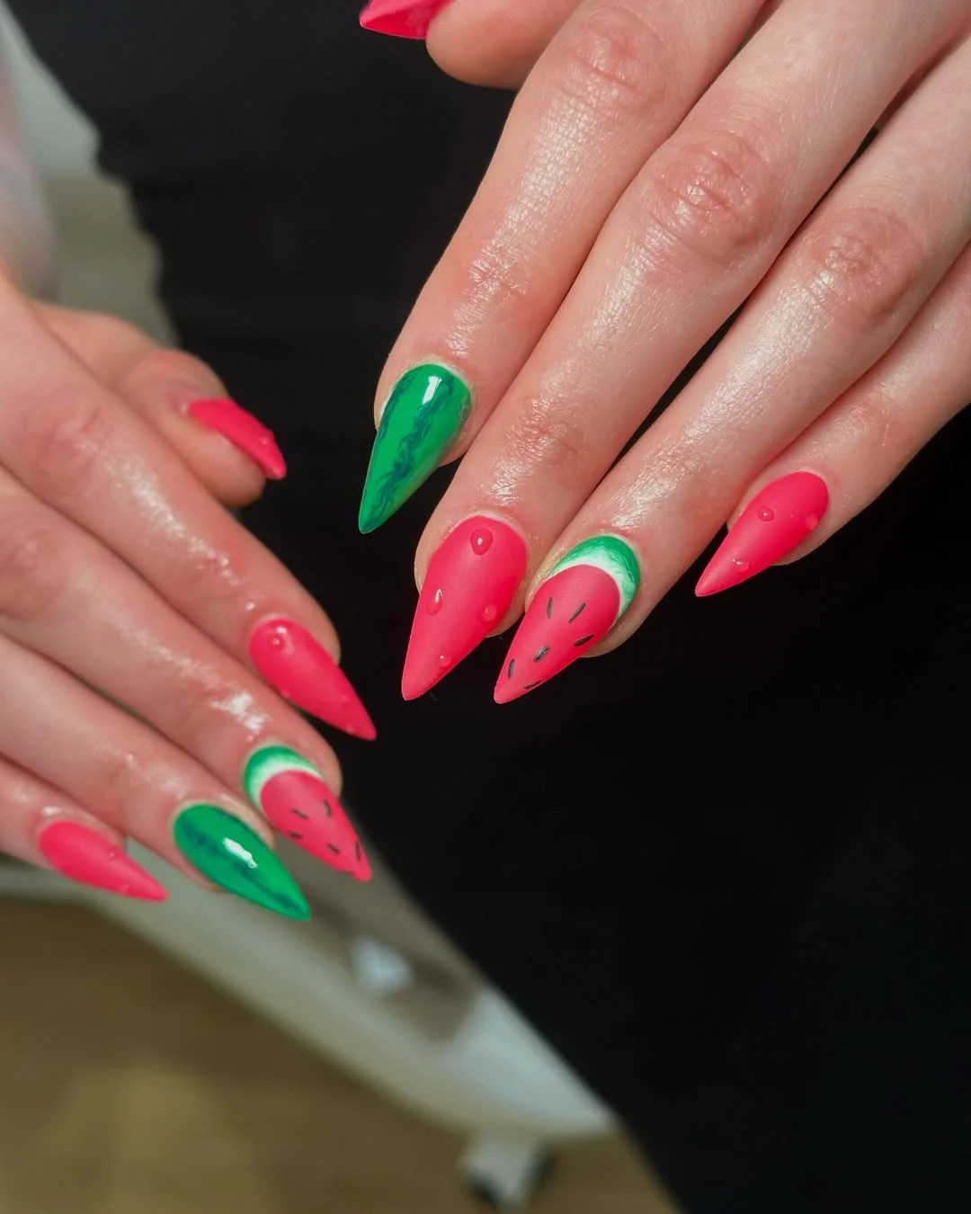 summer nails watermelon 2026 Hot Neon Watermelon Stiletto Nails