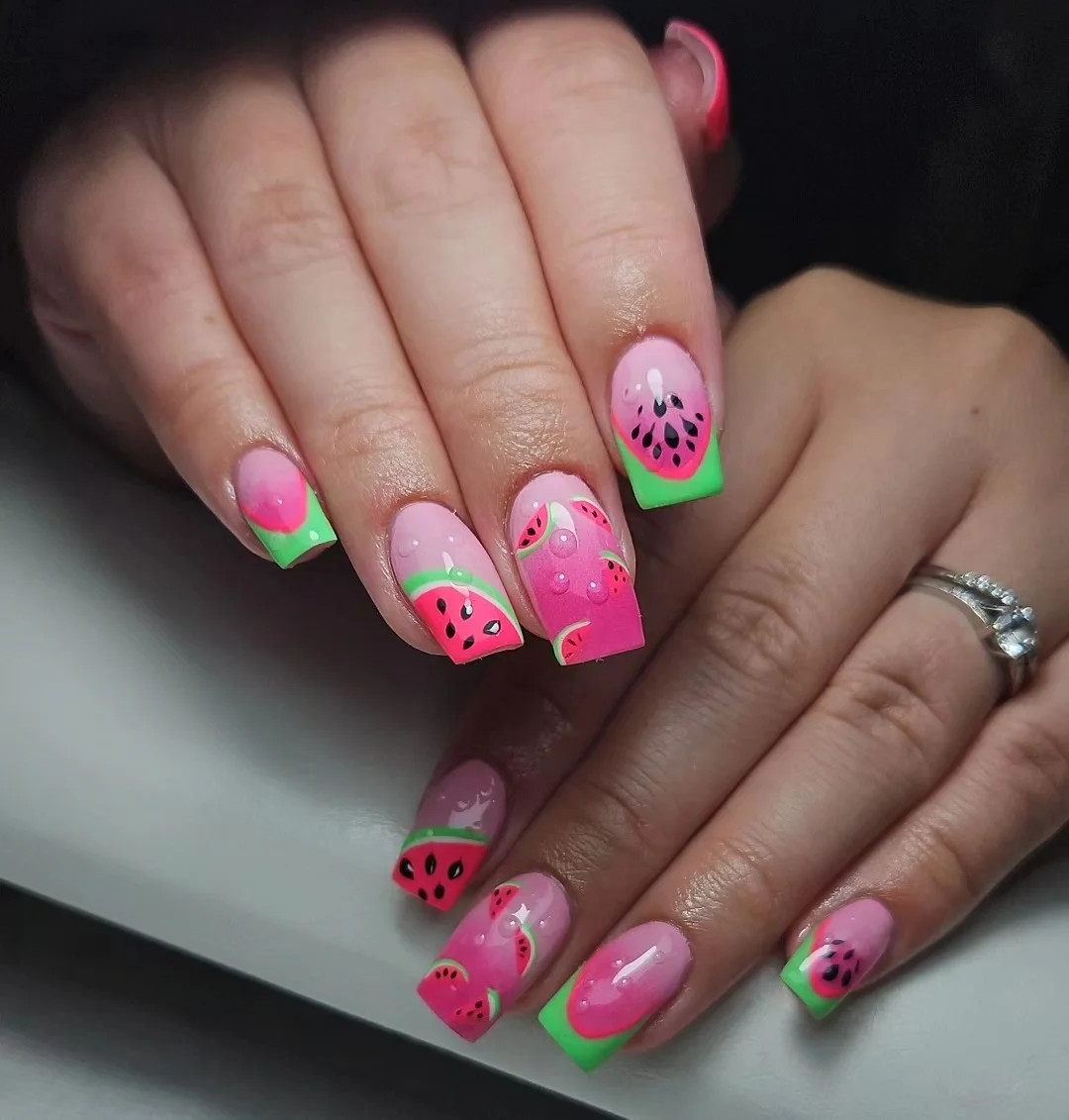 summer nails watermelon 2026 Bright Watermelon Square Nails With Juicy Details