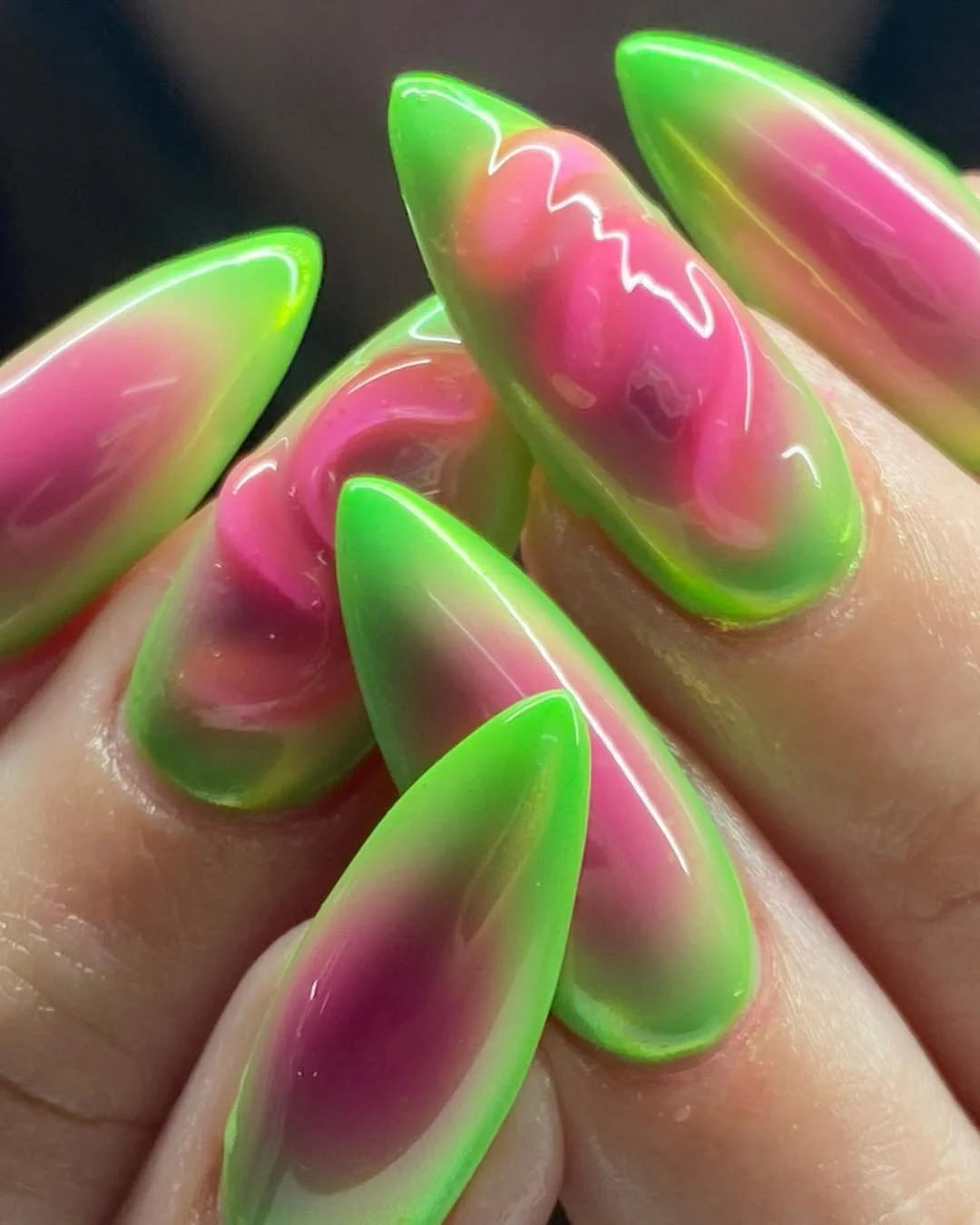 summer nails watermelon 2026 Neon Aura Watermelon Stiletto Nails