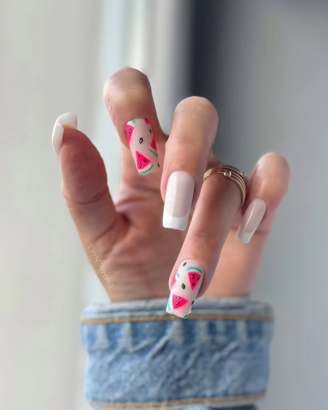 summer nails watermelon 2026 Minimal White French With Tiny Watermelon Art