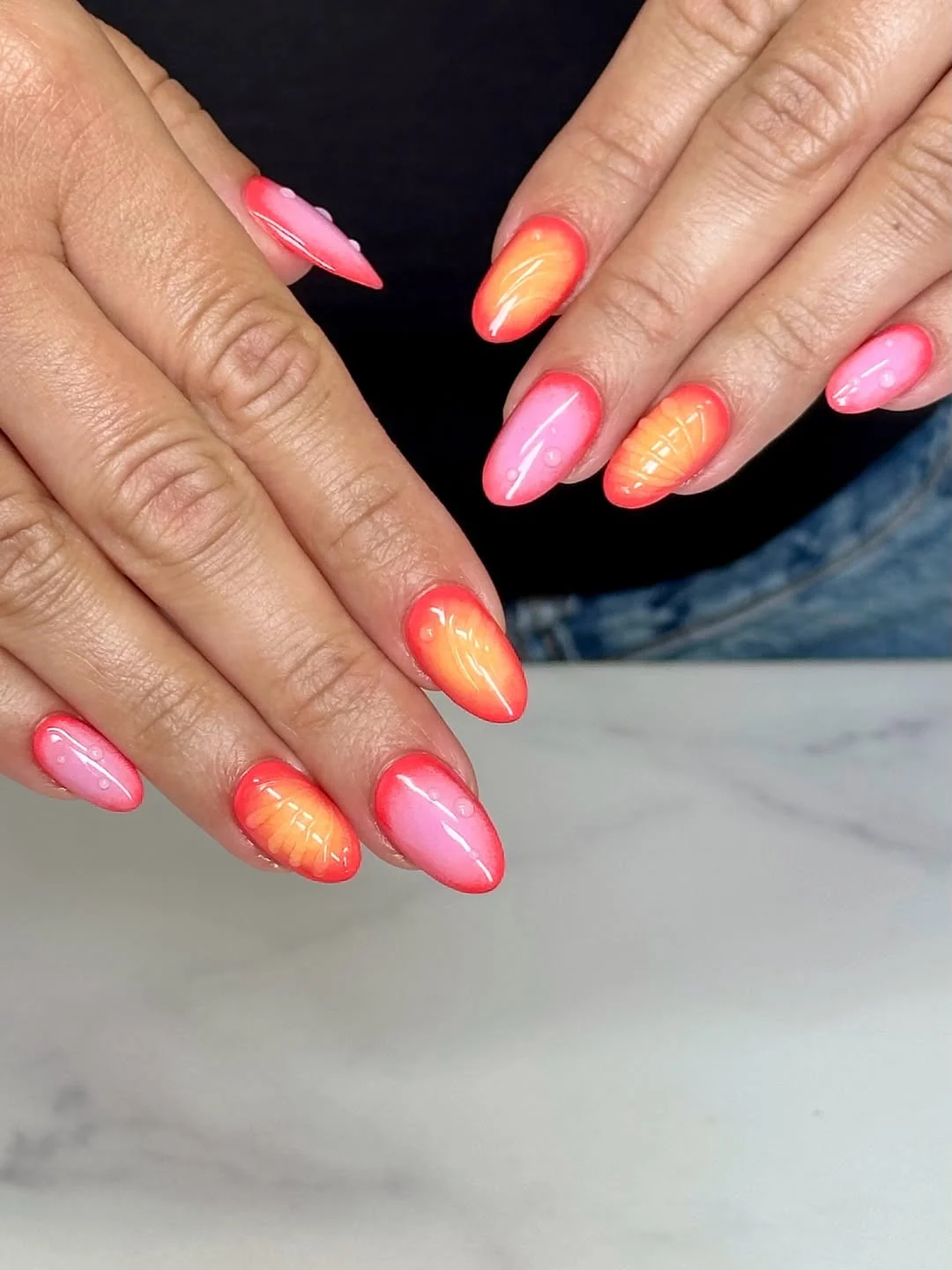 summer ombre nails 2026 Sunset Pink And Orange Ombre Almond Nails