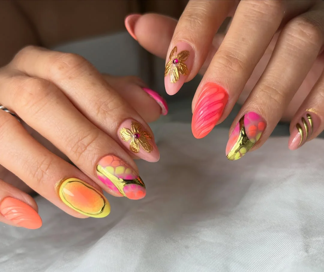 summer ombre nails 2026 Bright Floral Ombre Nails With Tropical Art Details