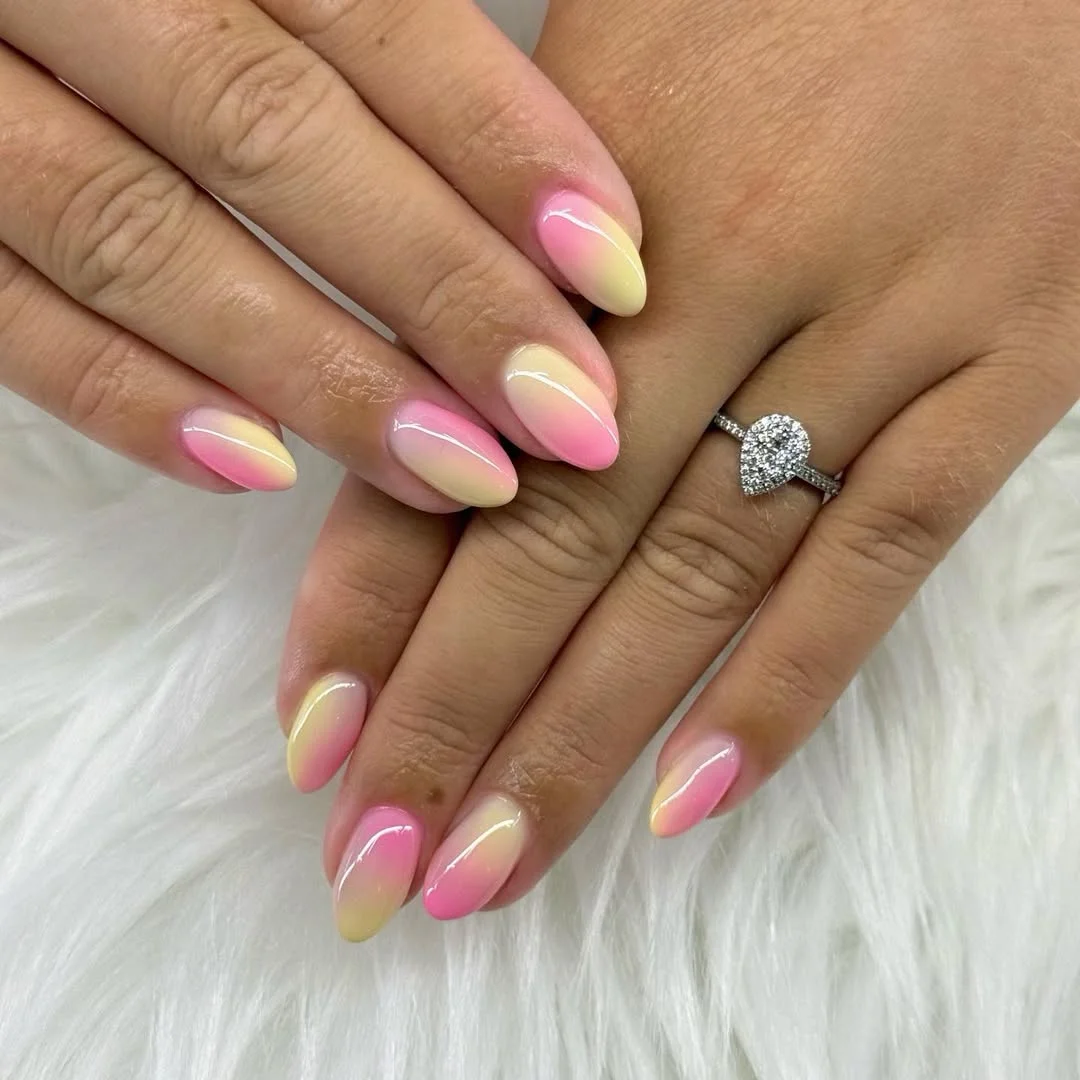 summer ombre nails 2026 Short Almond Ombre in Pink Lemonade Tones