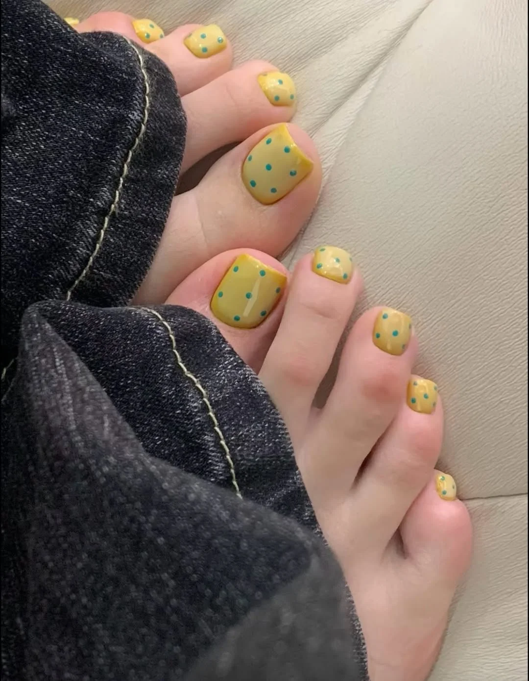 summer pedicure colors 2026 Fun Yellow Polka Dot Toes for Late Summer Days