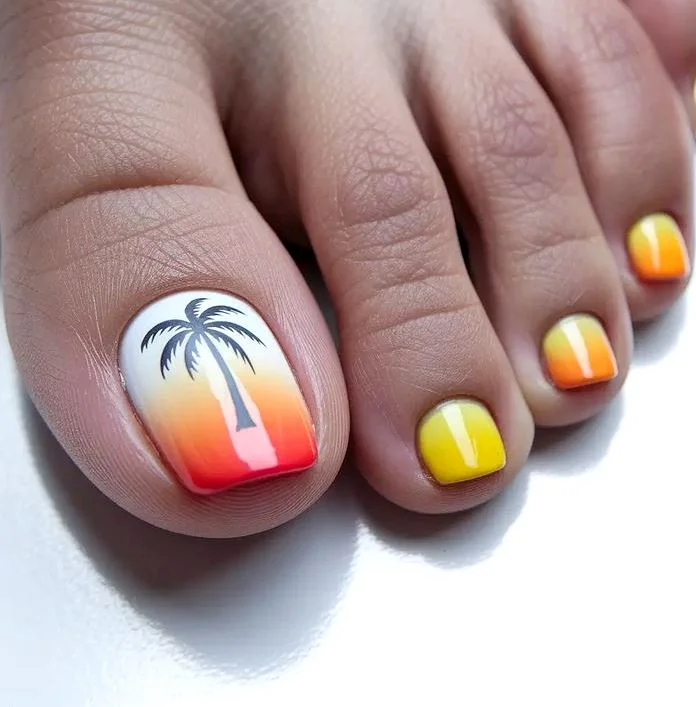 summer pedicure colors 2026 Bright Sunset Ombre for Tropical Summer Energy