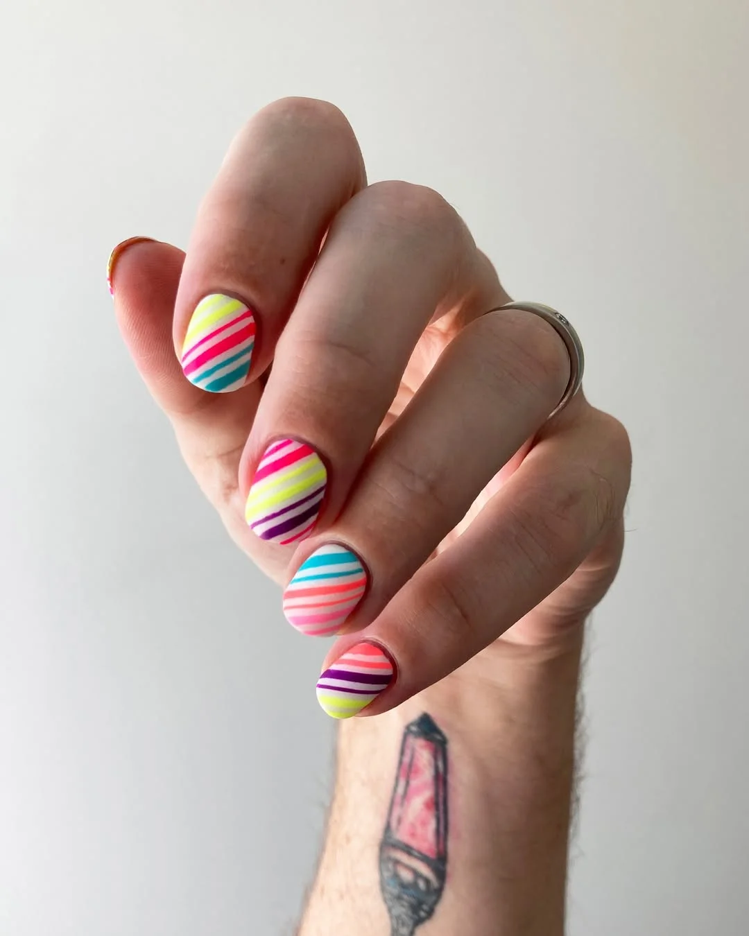 summer short nails ideas 2026 Neon Candy Stripe Short Nails