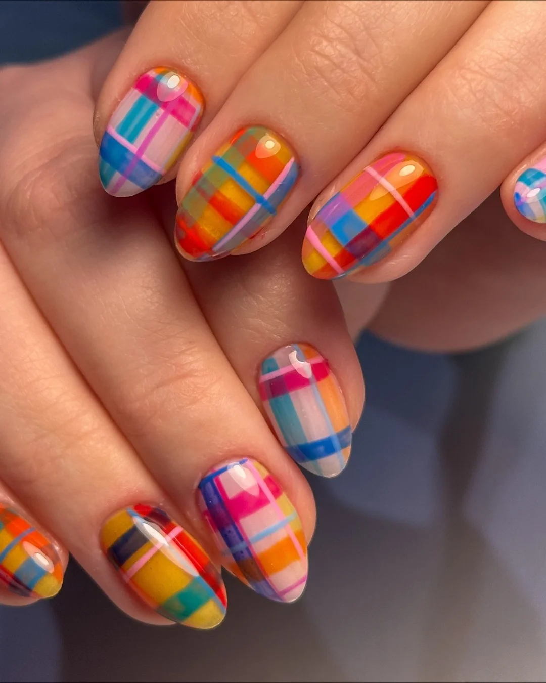 summer short nails ideas 2026 Colorful Plaid Art For Almond Nails