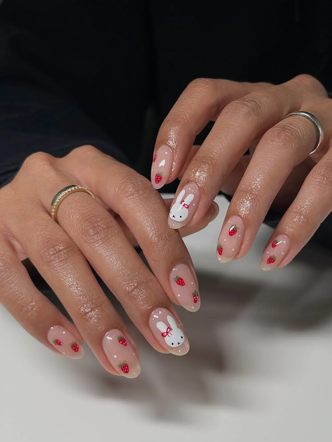 summer short nails ideas 2026 Cute Strawberry Bunny Almond Nails