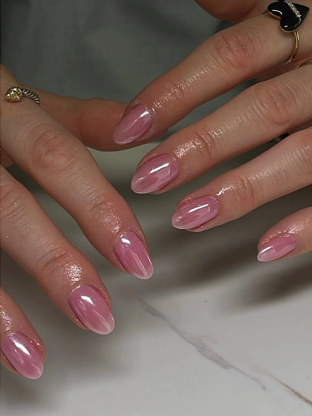 summer short nails ideas 2026 Glossy Pink Glazed Almond Nails