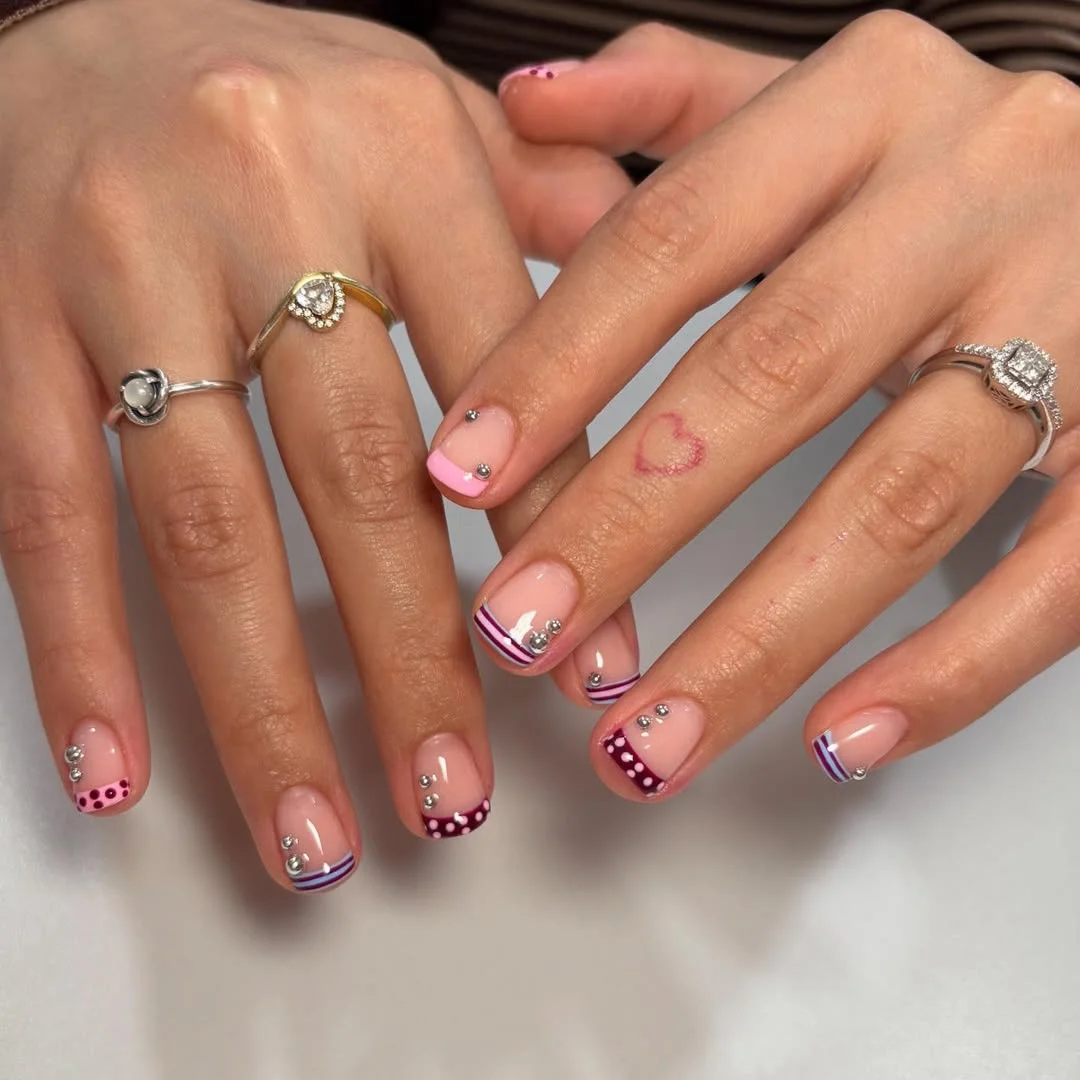 summer short nails ideas 2026 Pink Rhinestone French Tip Nails