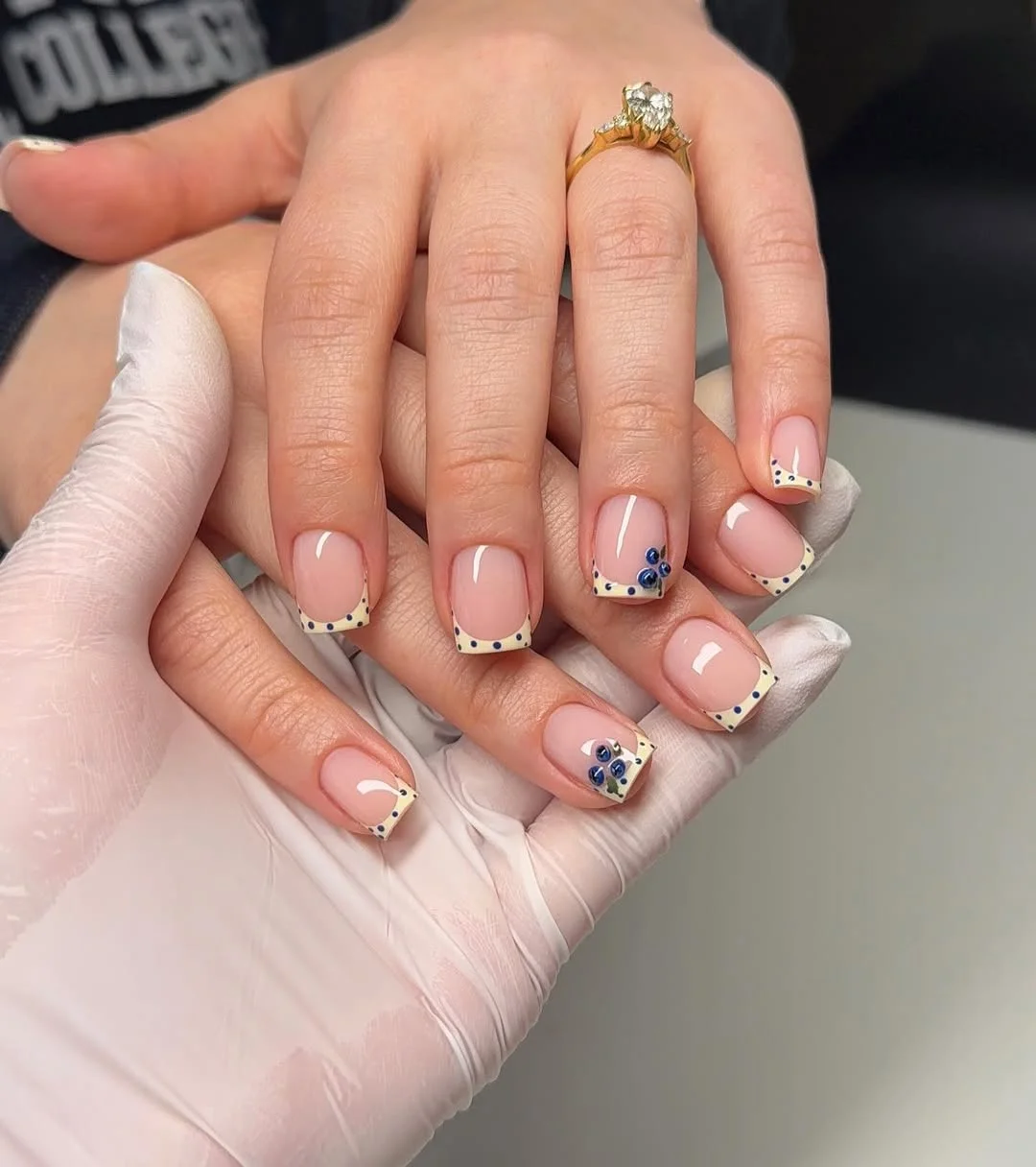 summer short nails ideas 2026 Blue Polka Dot French Nails