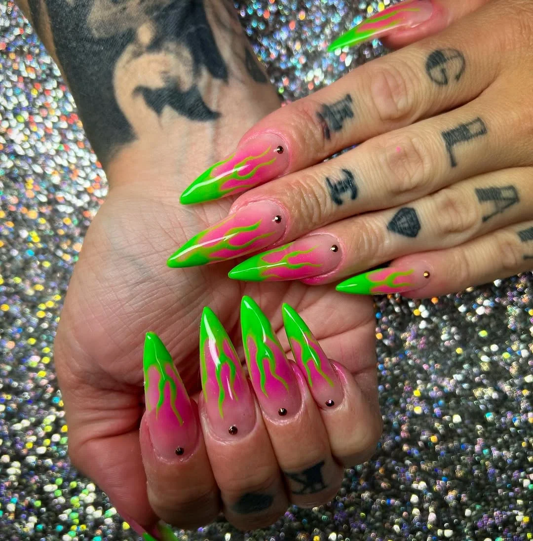 summer stiletto nails 2026 Neon Flame Stiletto Nails with Festival Energy
