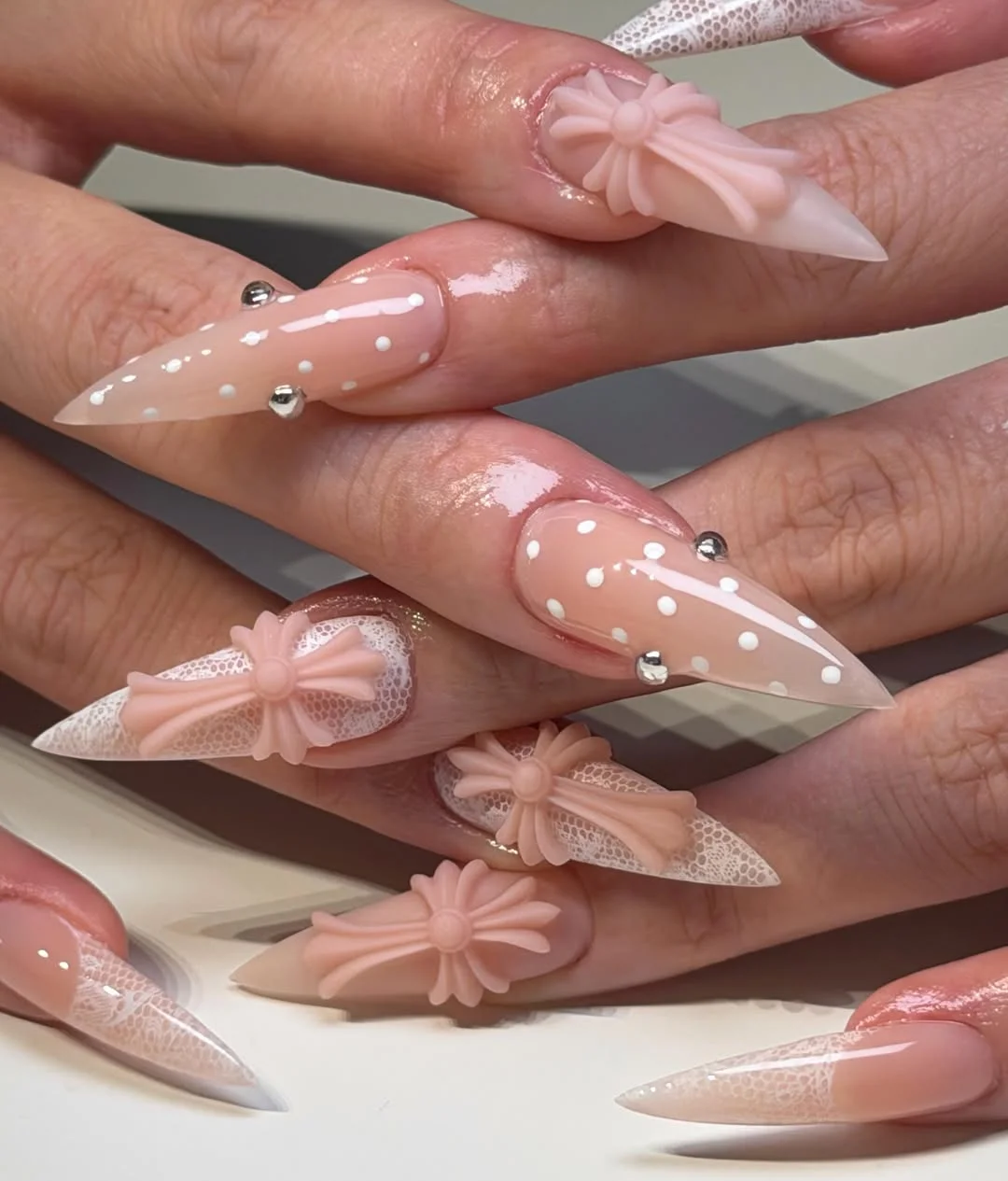 summer stiletto nails 2026 Soft Balletcore Bow Nails
