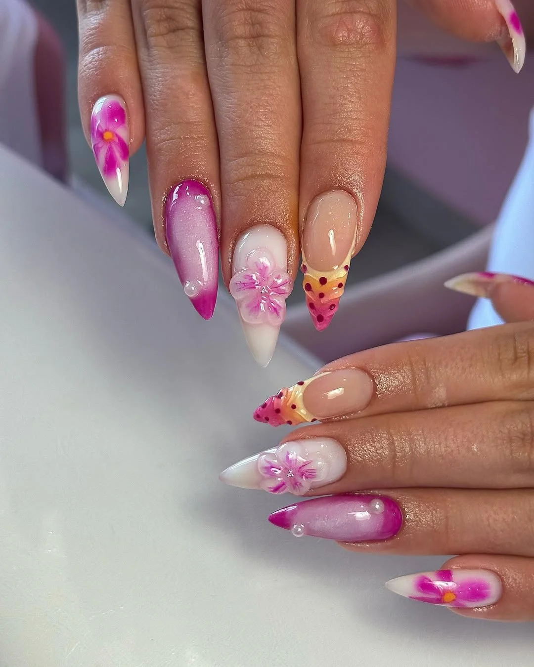 summer stiletto nails 2026 Pink Sorbet Blossom Nails