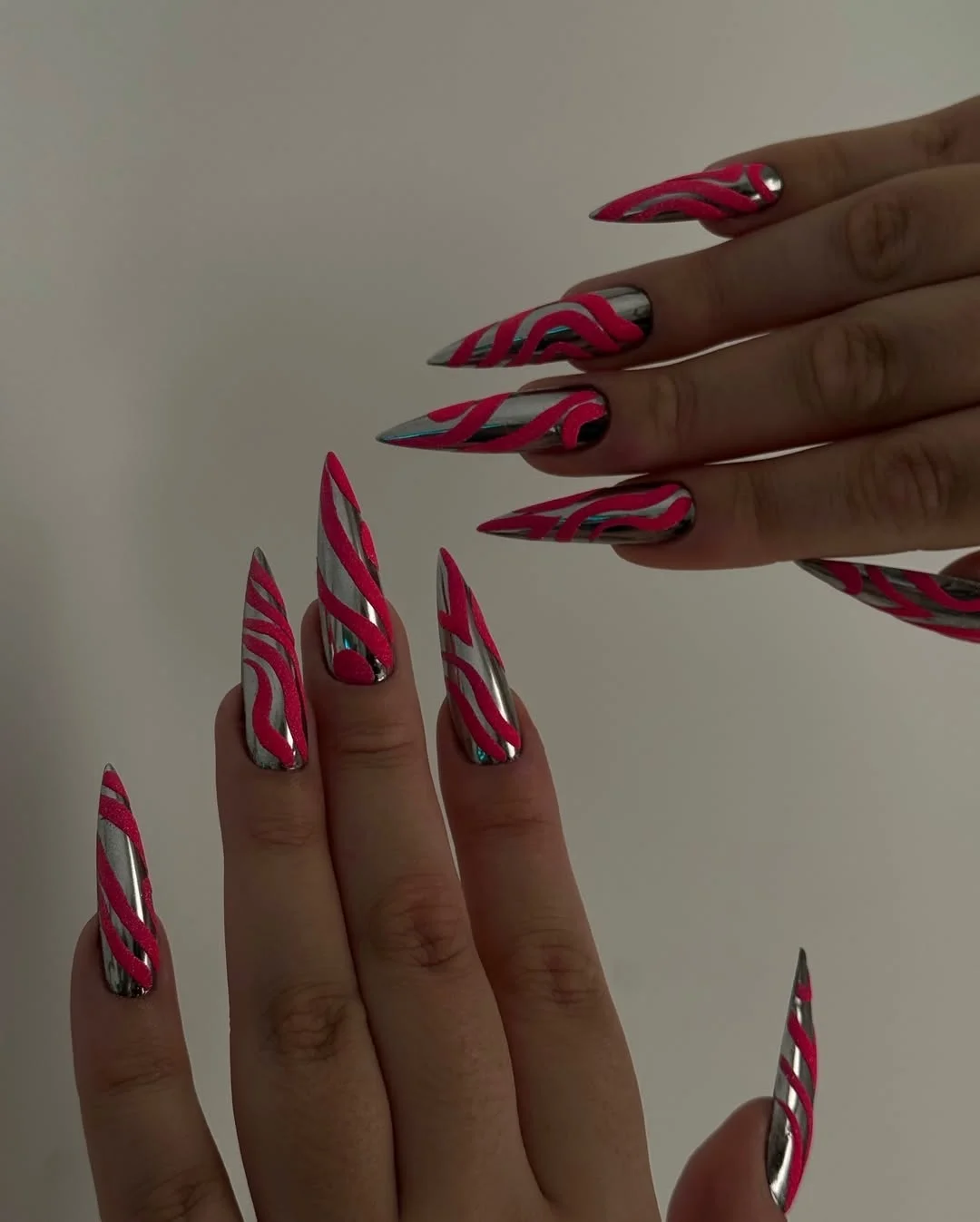 summer stiletto nails 2026 Chrome Wave Hot Pink Nails