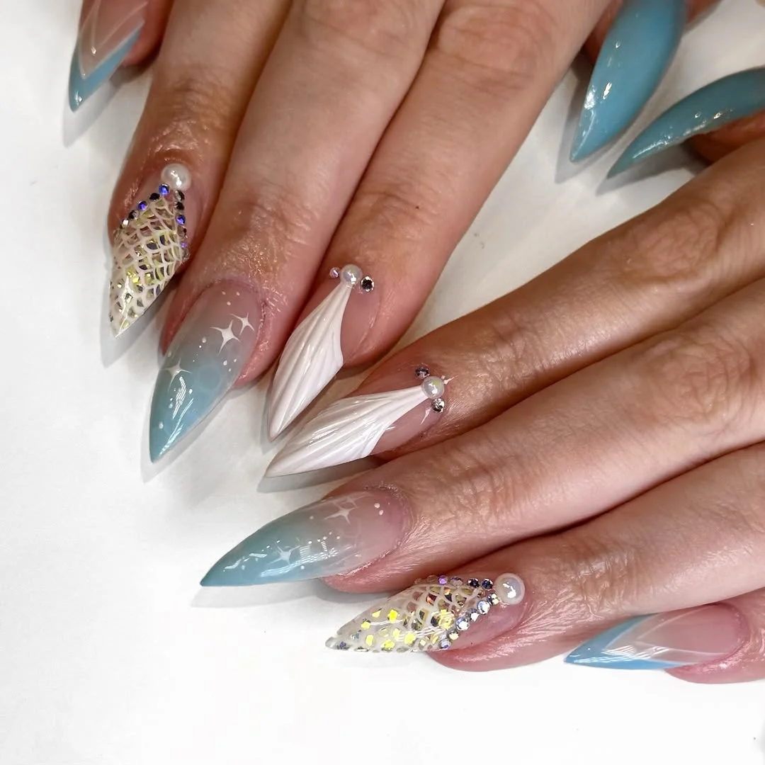 summer stiletto nails 2026 Ocean Pearl Stiletto Nails