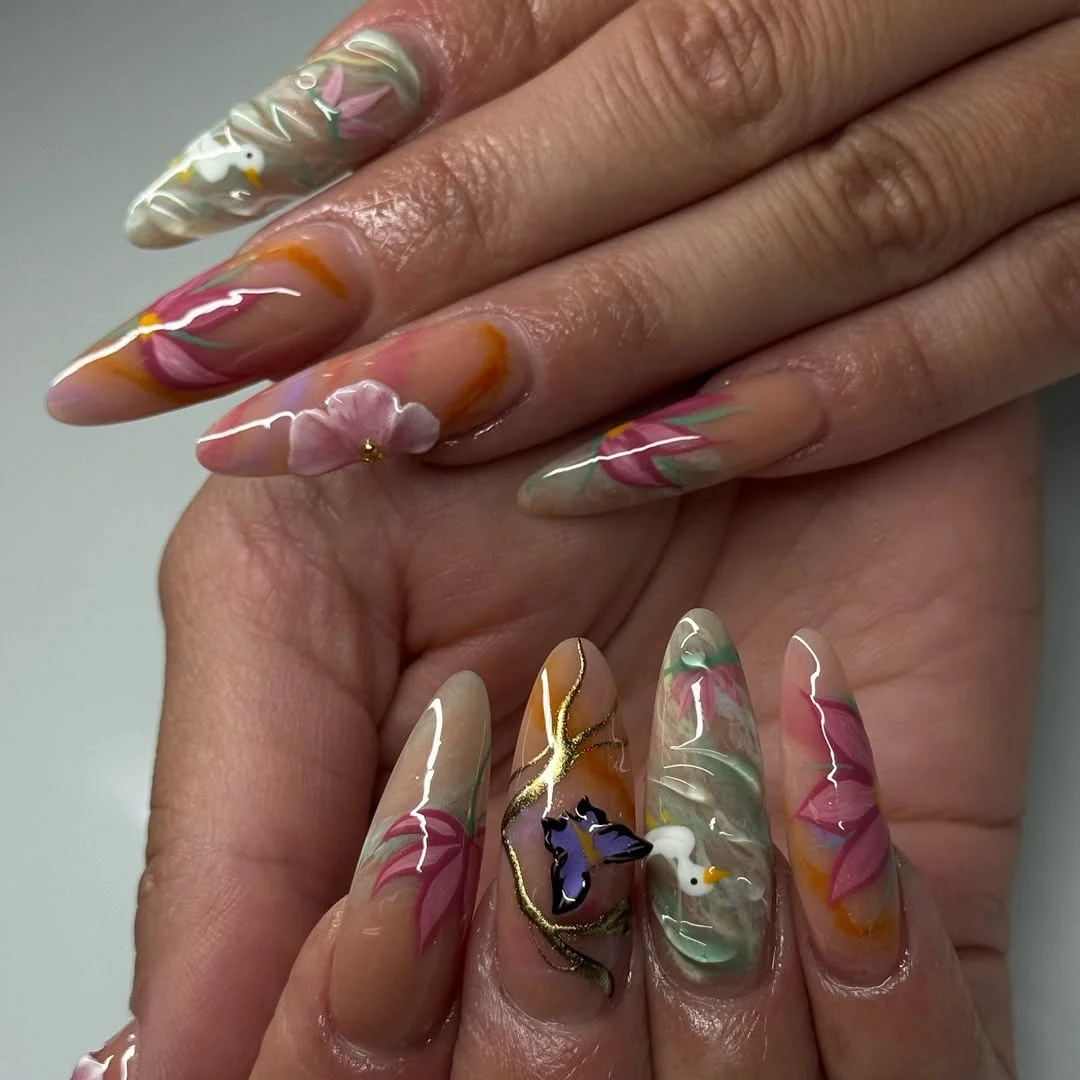 summer stiletto nails 2026 Soft Garden Art with Painterly Floral Accents