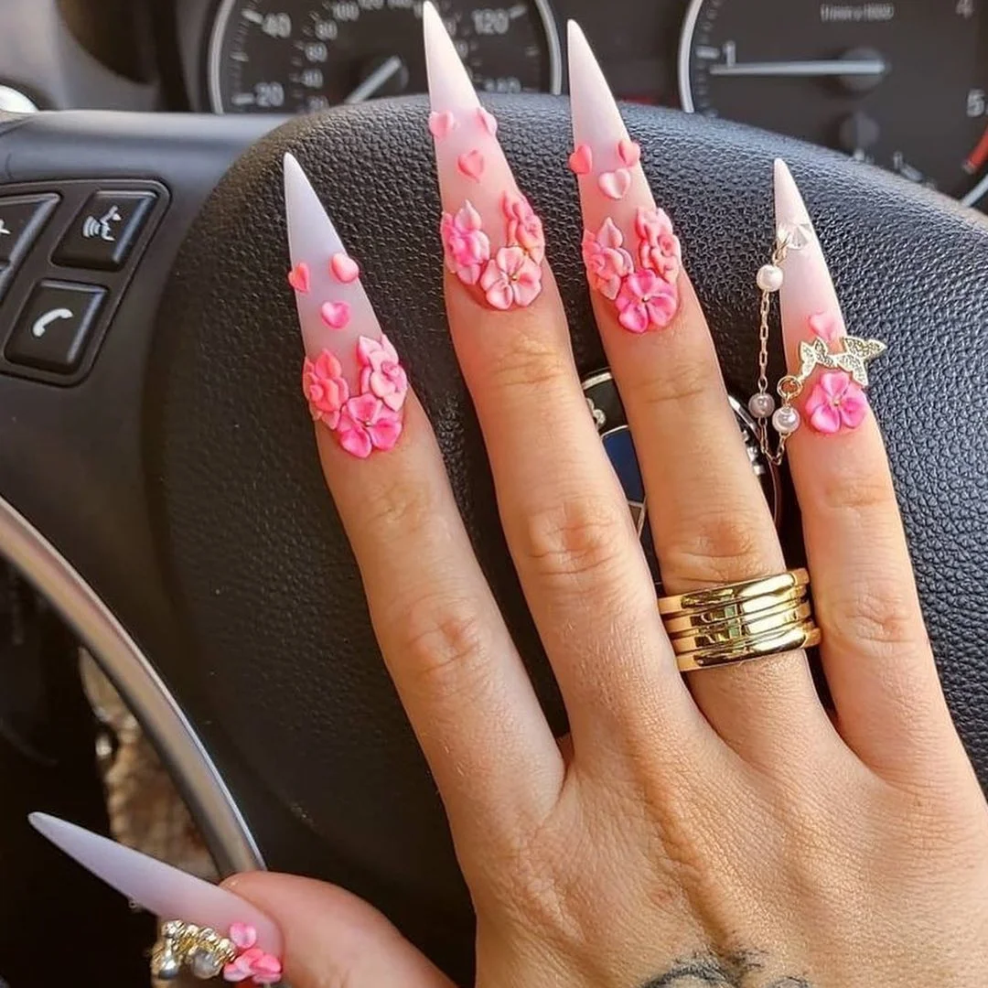 summer stiletto nails 2026 Romantic Pink 3D Flowers with Statement Stiletto Shape
