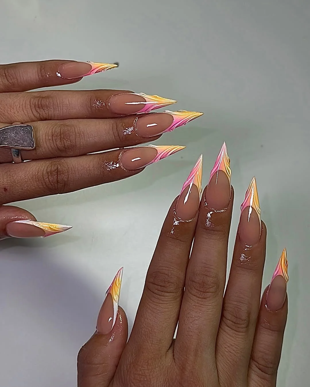 summer stiletto nails 2026 Sunset Swirl Stiletto Nails in Pink and Yellow
