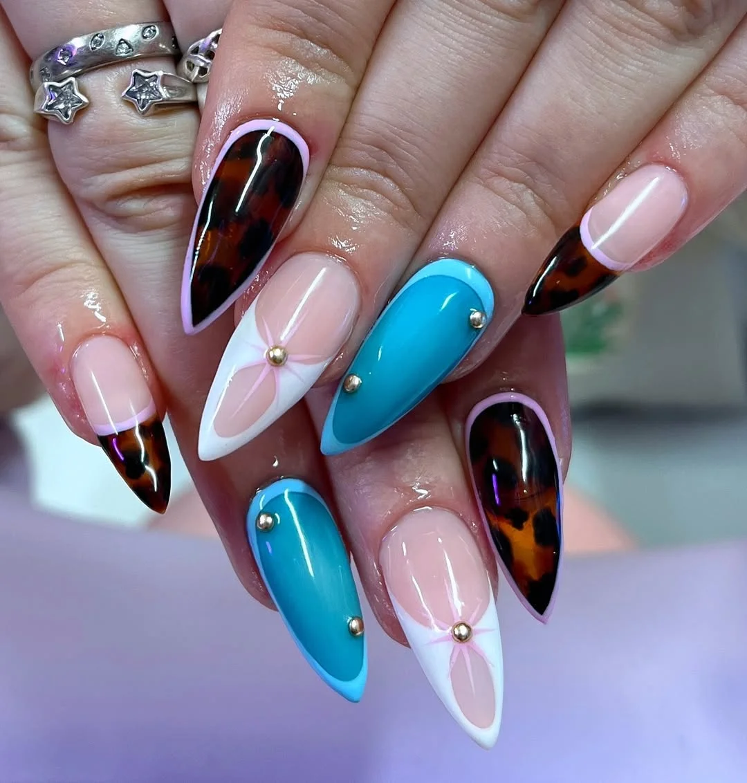 summer stiletto nails 2026 Color Block Blue and Tortoiseshell Stiletto Designs