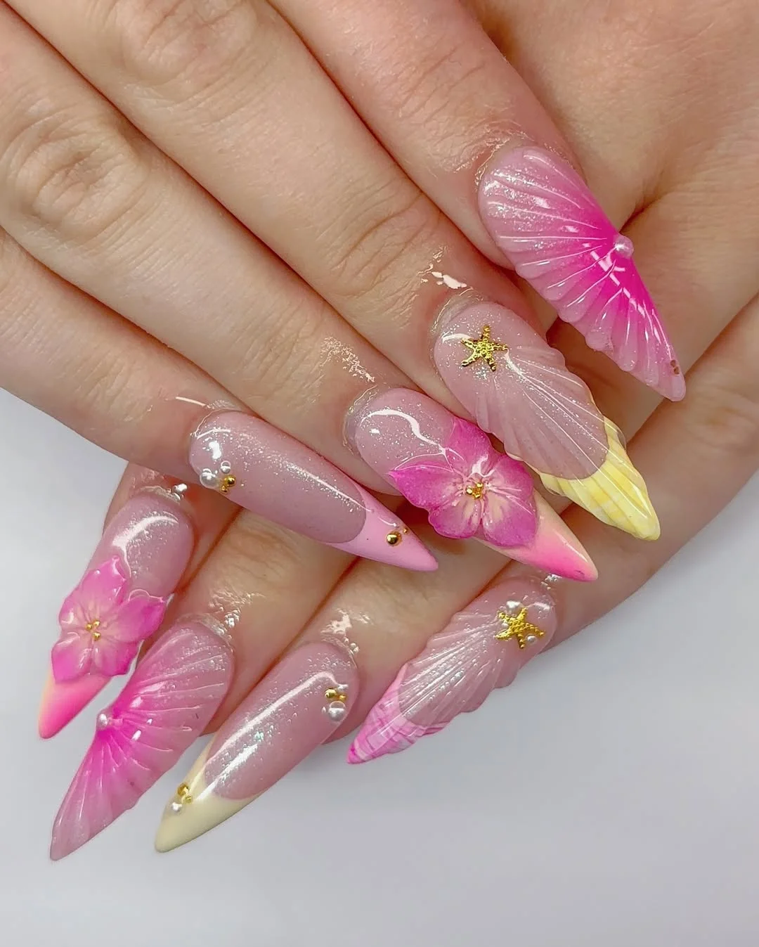 summer stiletto nails 2026 Tropical Pink Shell Art for a Beachy Summer Look