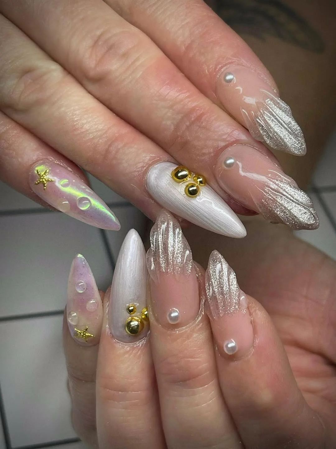 summer stiletto nails 2026 Pearl White Coastal Glam Stiletto Nails