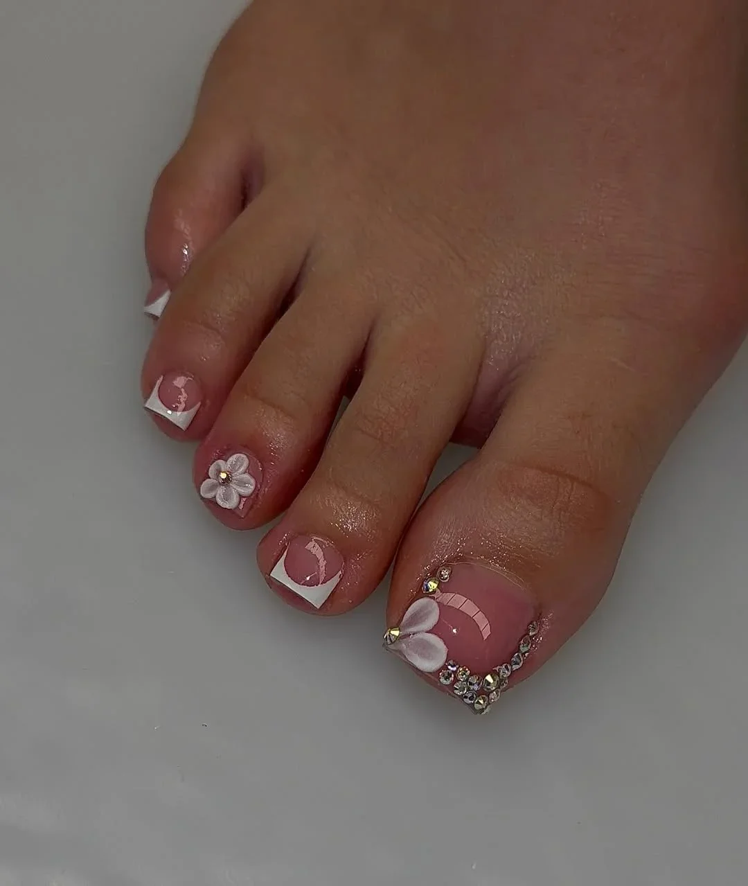 Summer toe nails ideas 2026 Floral Crystal French Toes