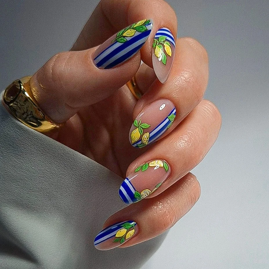 summer vacation nails 2026 Mediterranean Lemon Stripe Nails