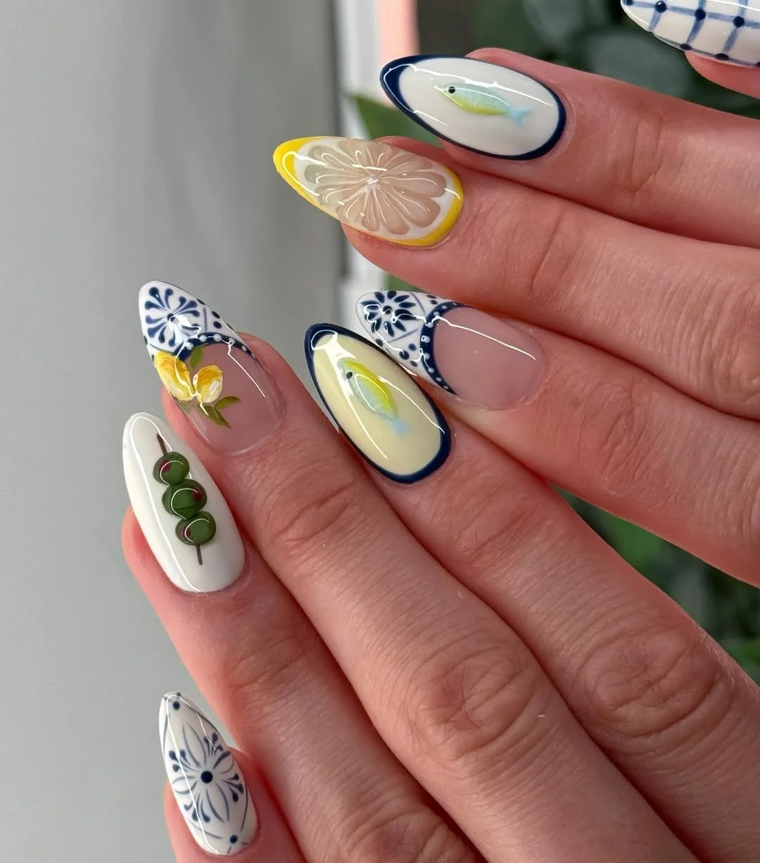 summer vacation nails 2026 Coastal Blue Tile Nail Art
