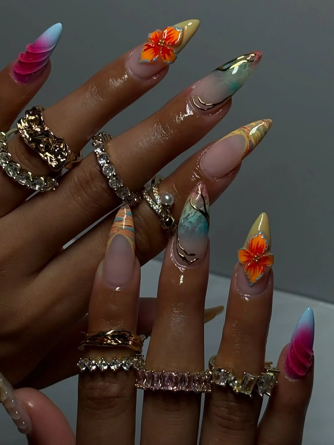 summer vacation nails 2026 Tropical Airbrush Almond Nails