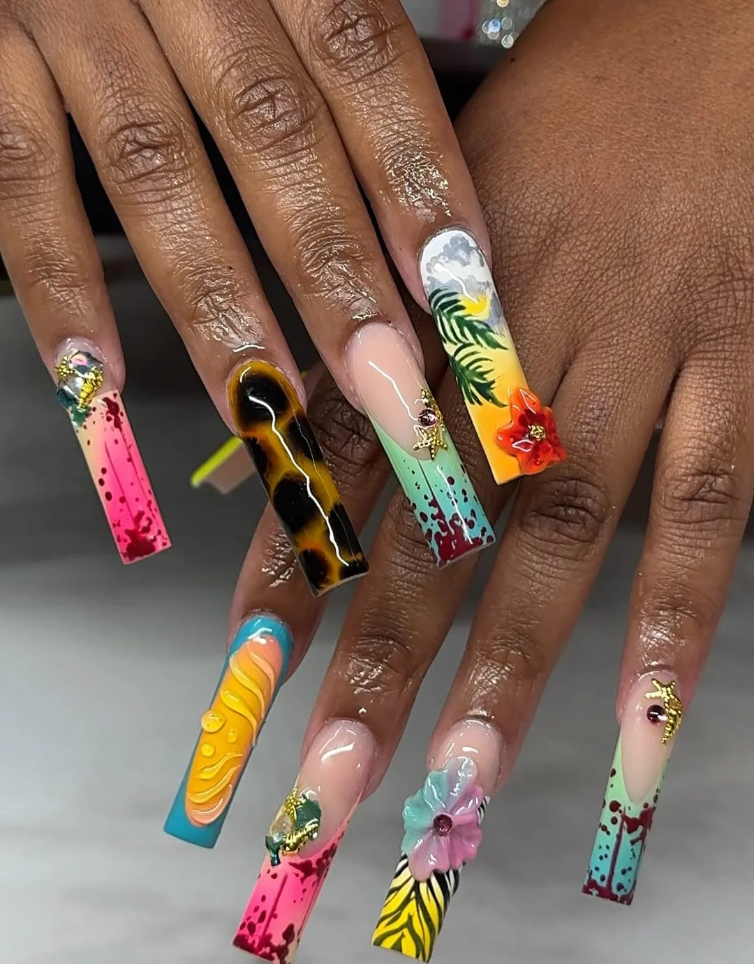 summer vacation nails 2026 Bright Tropical Square Nails