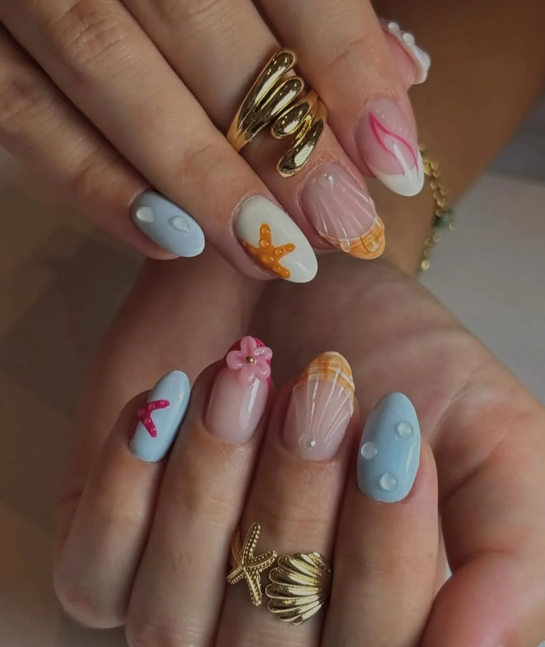 summer vacation nails 2026 Soft Coastal Short Almond Nails