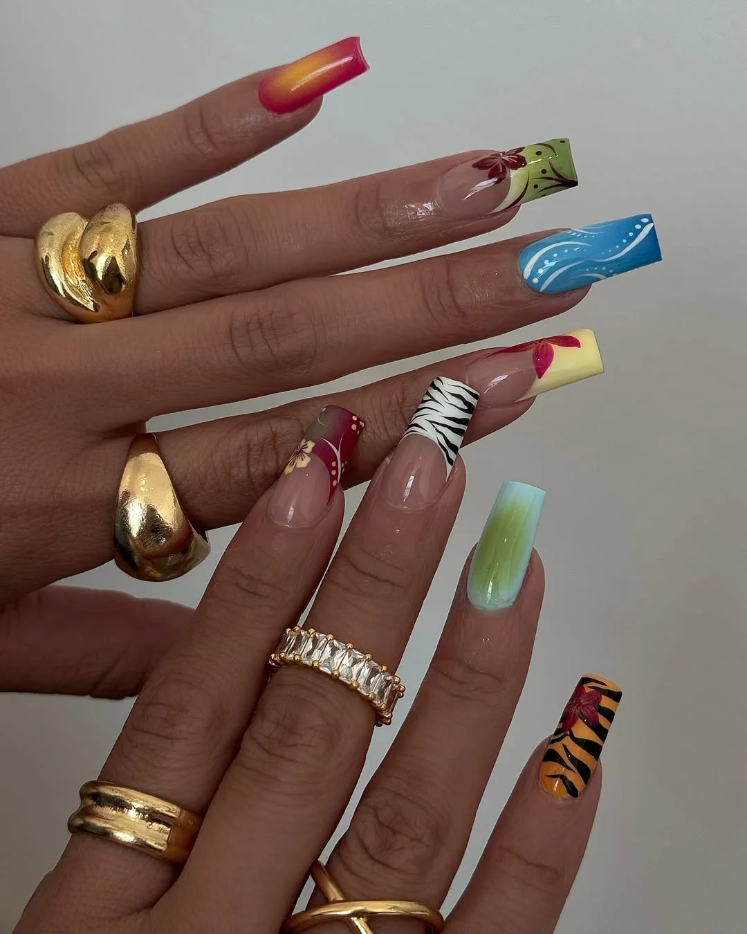summer vacation nails 2026 Eclectic Tropical Square Nails