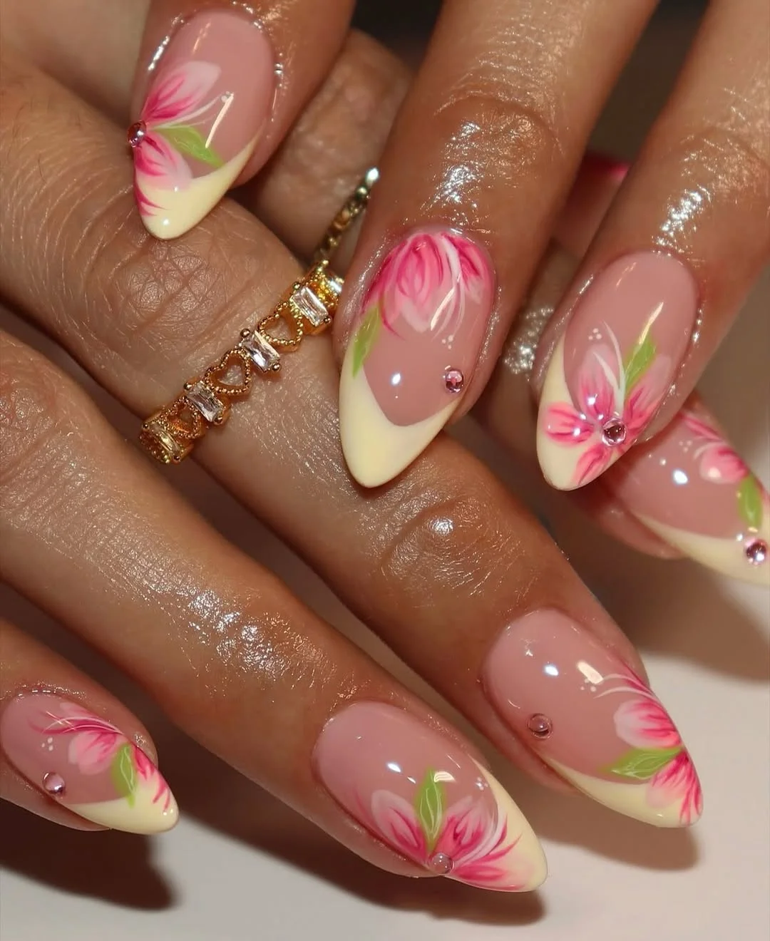 summer vacation nails 2026 Soft Pink Floral Almond Nails