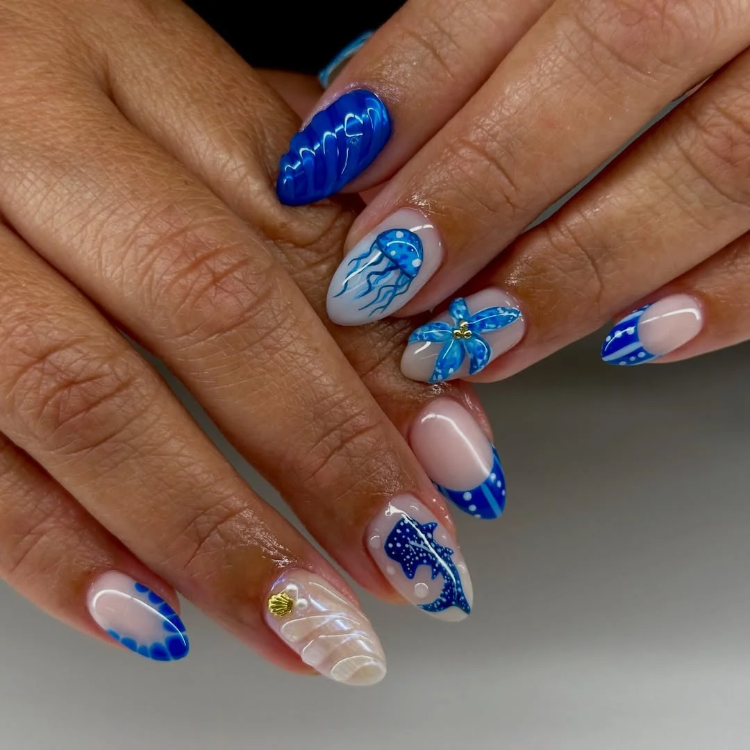 summer vacation nails 2026 Blue Ocean Almond Nails