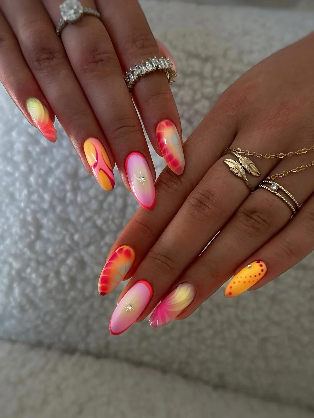 summer vacation nails 2026 Sunset Aura Almond Nails