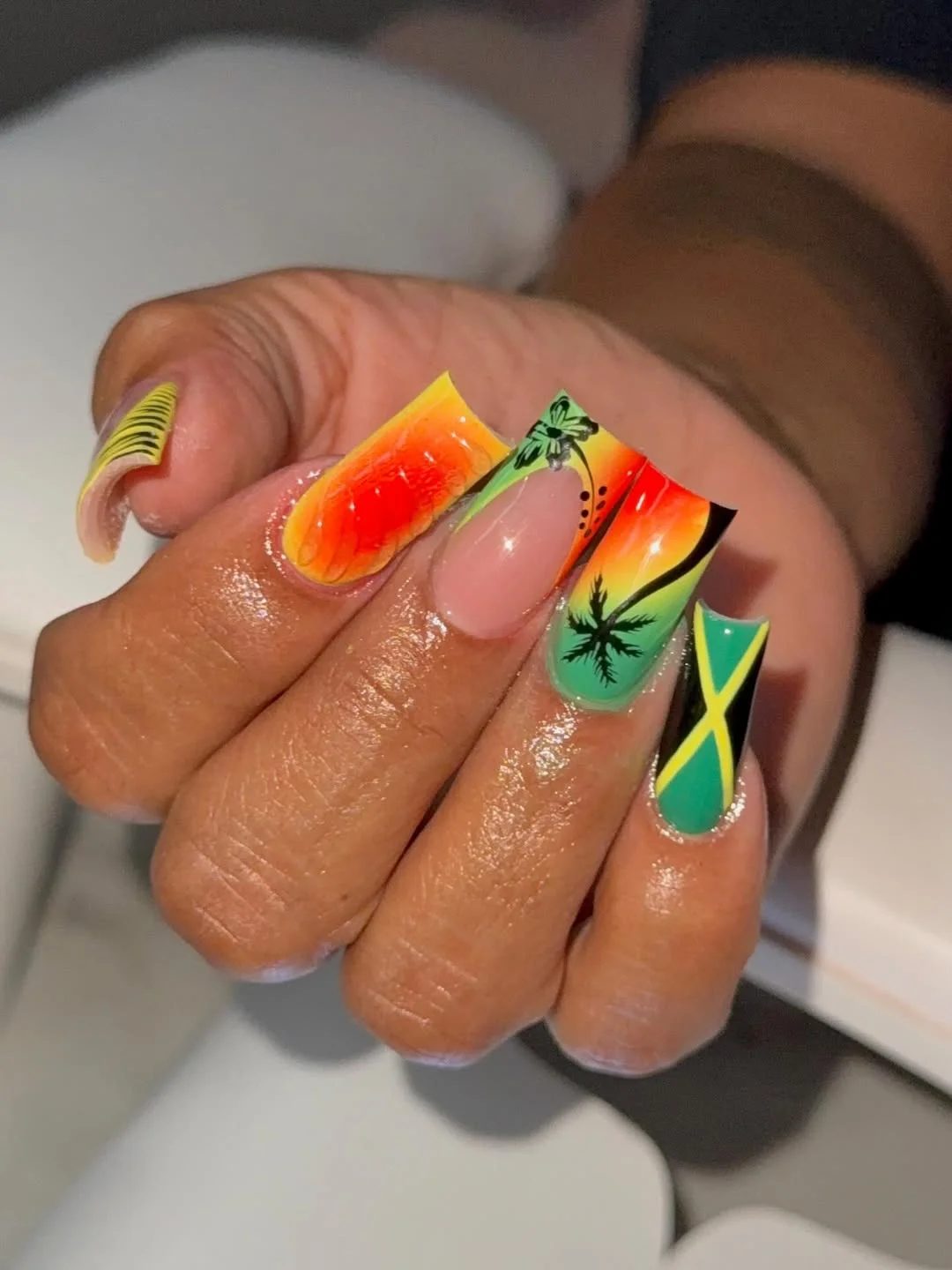 summer vacation nails 2026 Tropical Sunset Square Nails