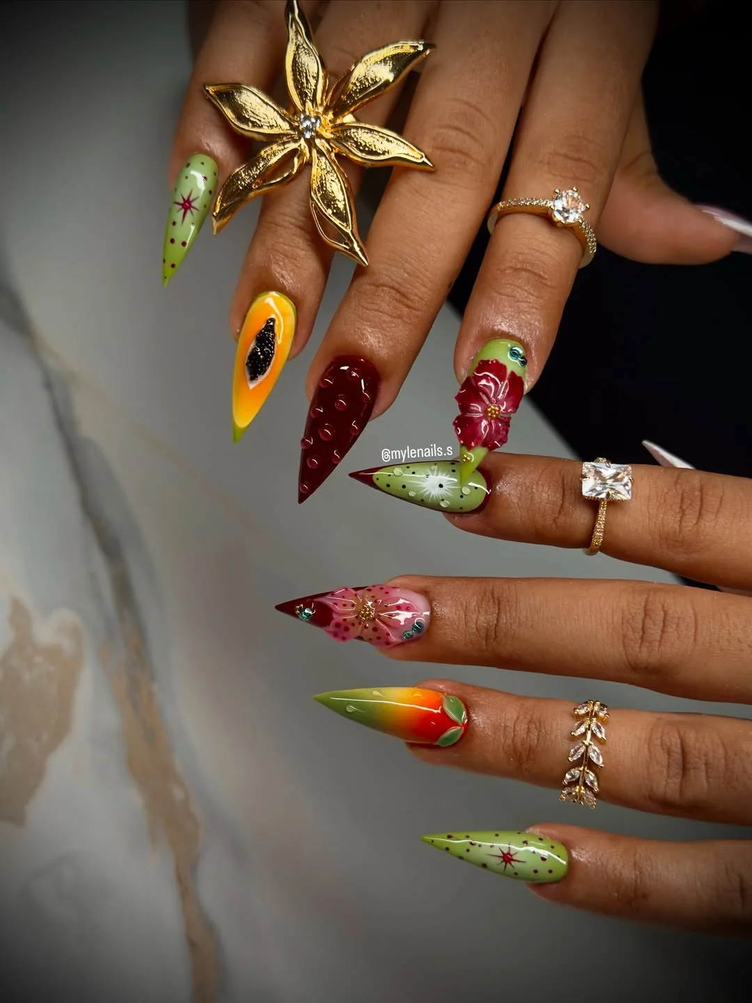 summer vibrant nails summer 2026 Fruit Inspired Stiletto Nails With Bold Summer Drama