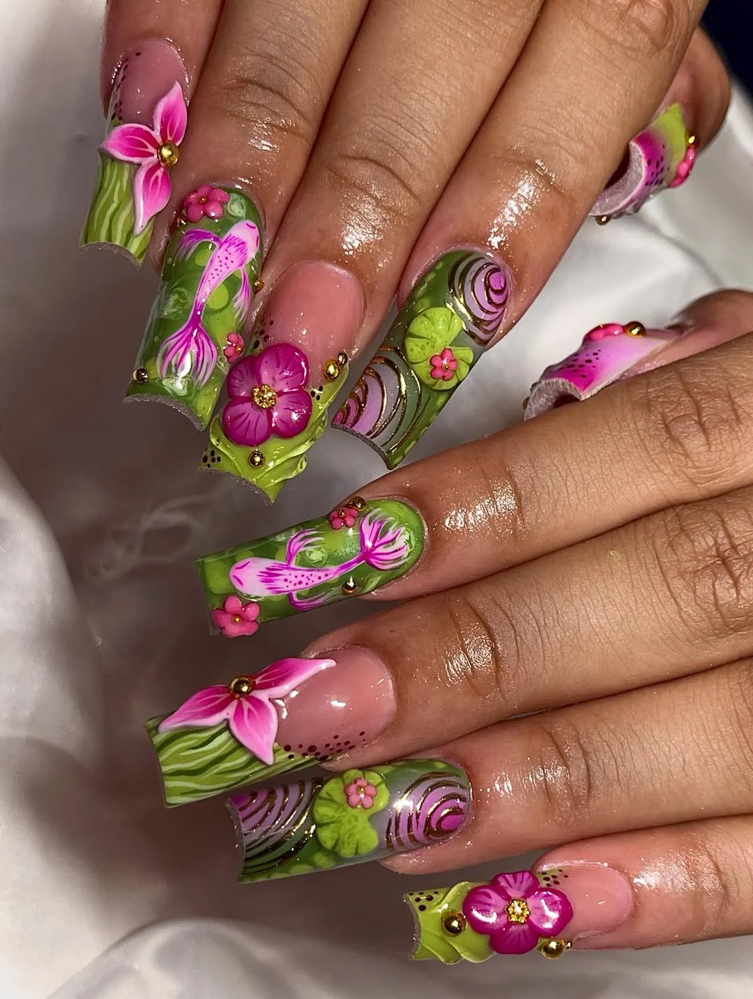 summer vibrant nails summer 2026 Pink And Green Floral Square Nails With Y2K Energy