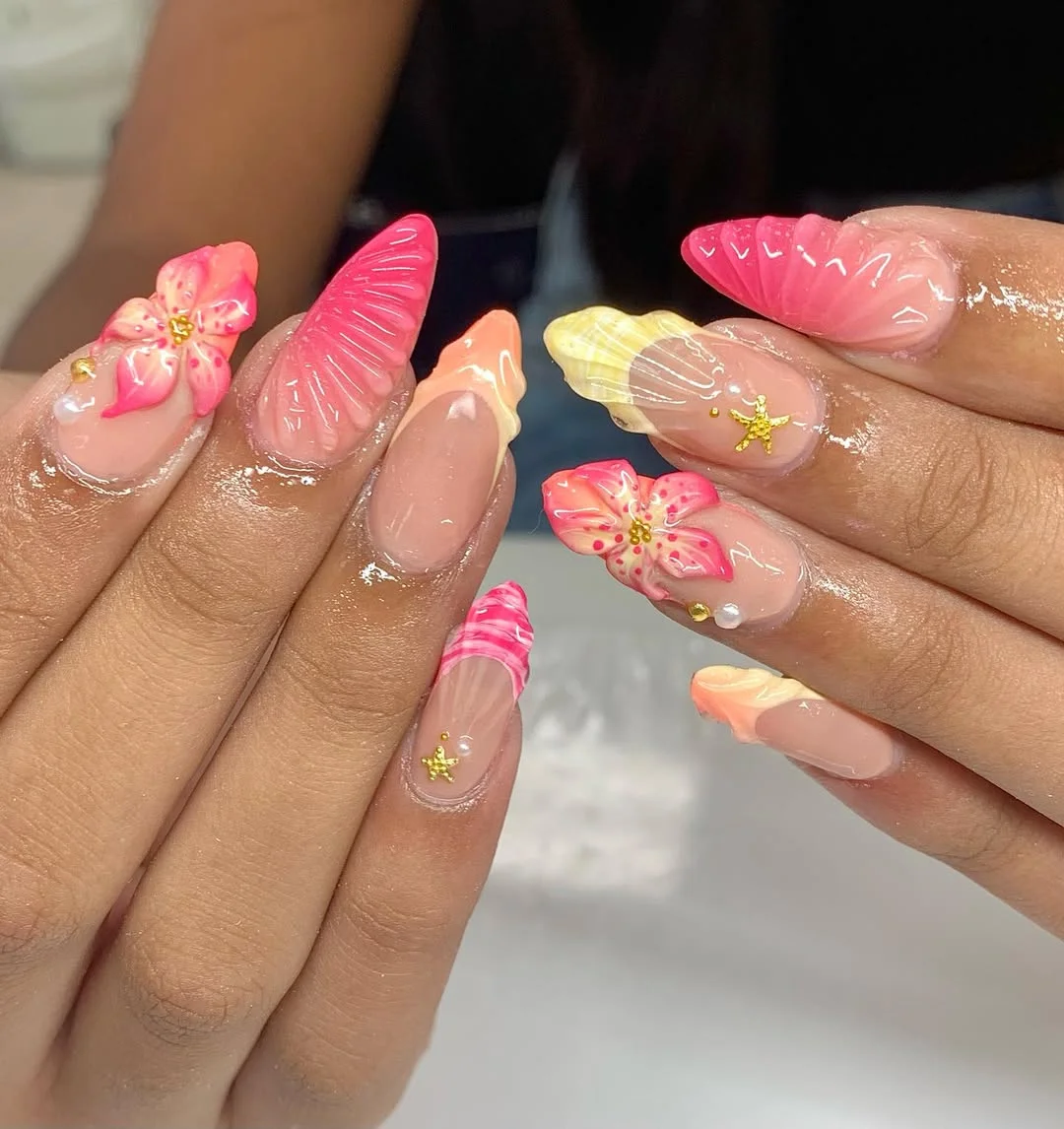 summer vibrant nails summer 2026 Pink Seashell Almond Nails With Soft Summer Glow