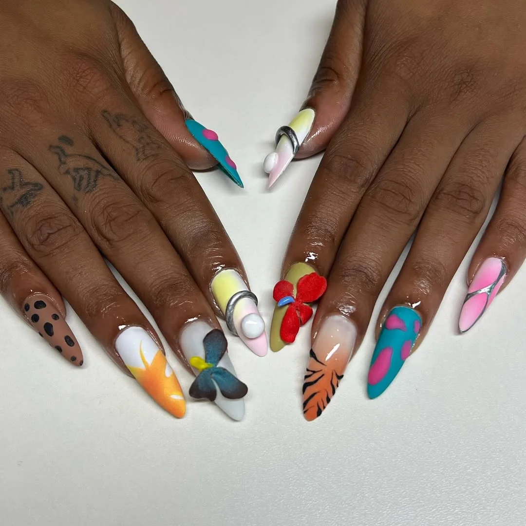 summer vibrant nails summer 2026 Abstract Bright Almond Nails With Playful Art