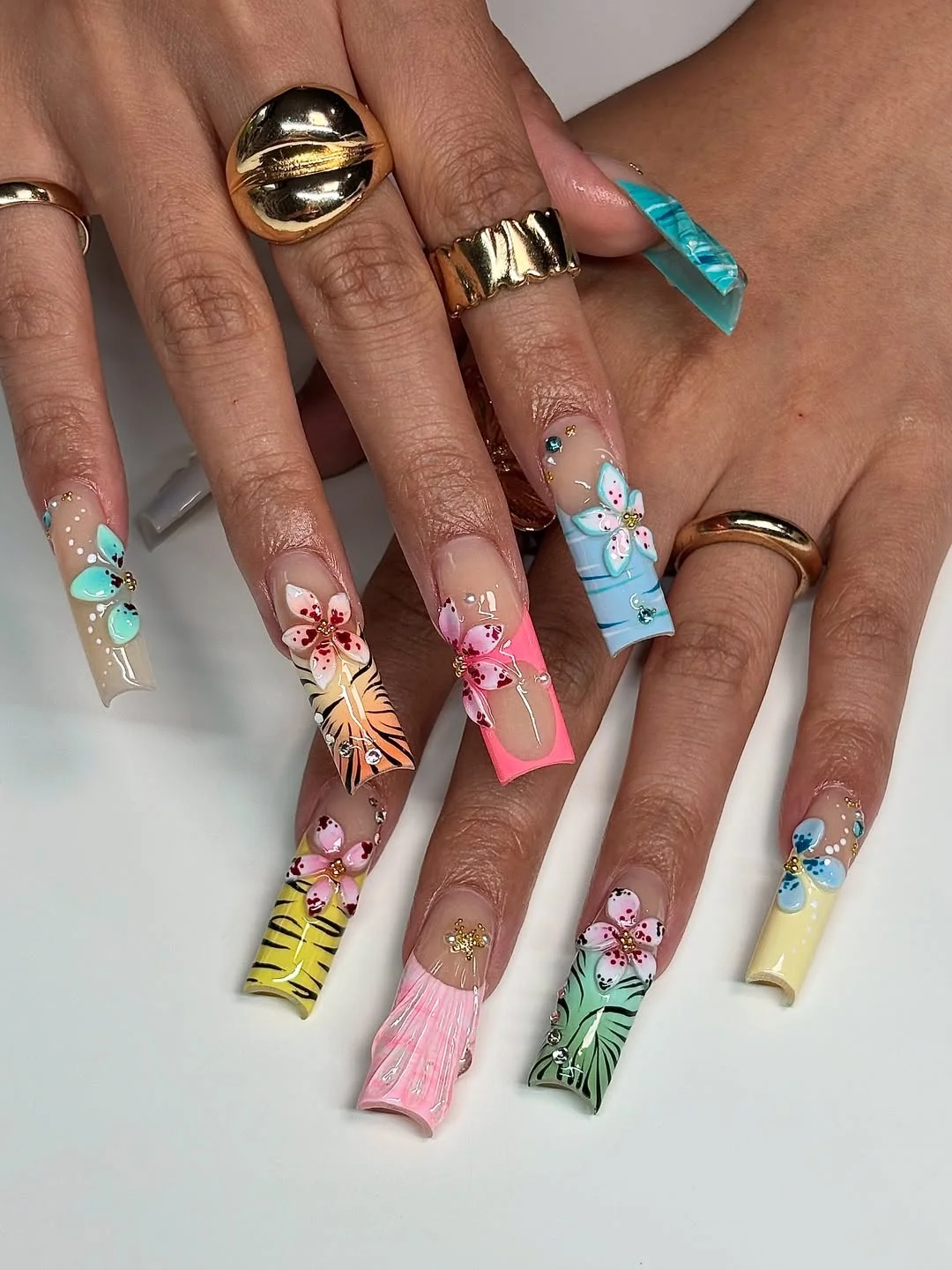 summer vibrant nails summer 2026 Colorful Tropical Square Nails With Playful Flowers