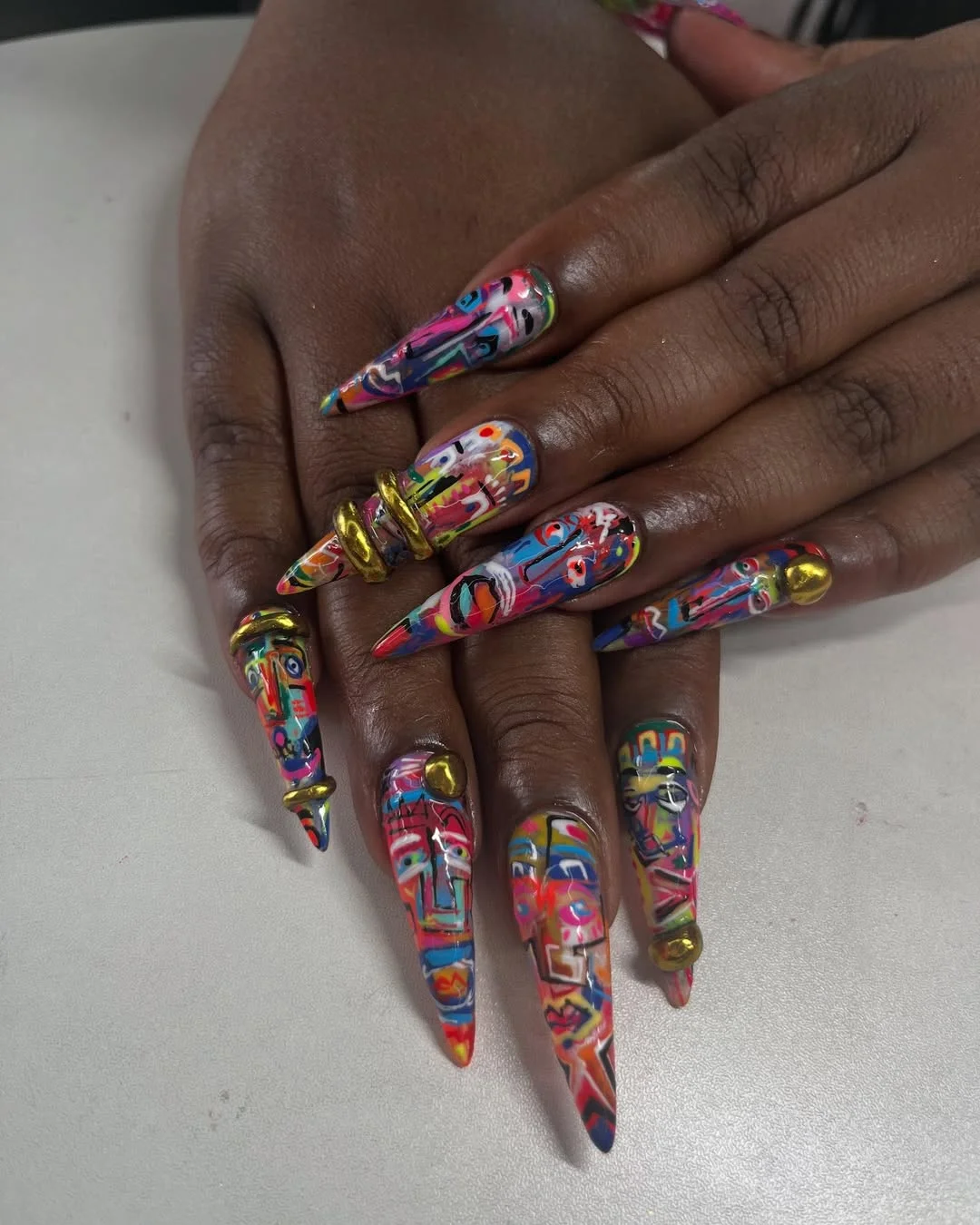 summer vibrant nails summer 2026 Abstract Art Stiletto Nails With Bold Color Blocking