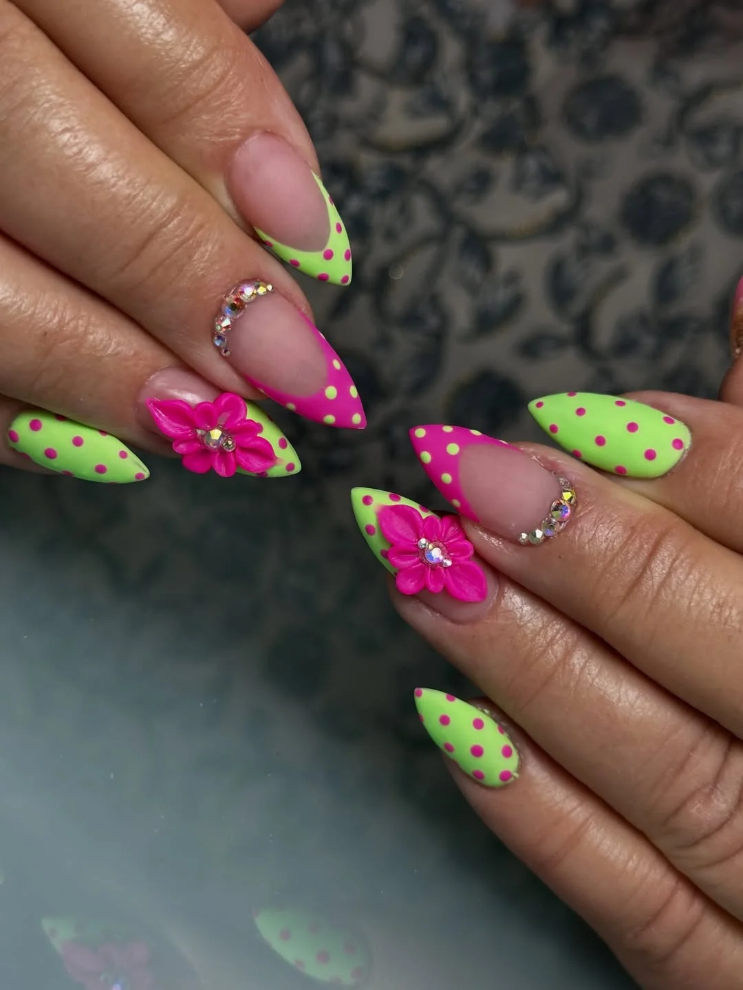 summer vibrant nails summer 2026 Neon Green Almond Nails With Pink Polka Dots