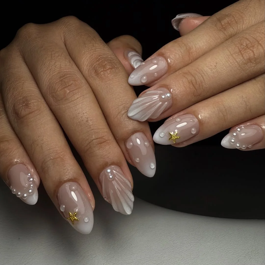 trendy summer nails 2026 Soft Pearl Almond Nails Inspired By The Ocean