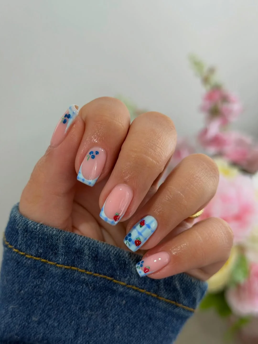 trendy summer nails 2026 Blue Picnic Square Nails With Tiny Fruit Art
